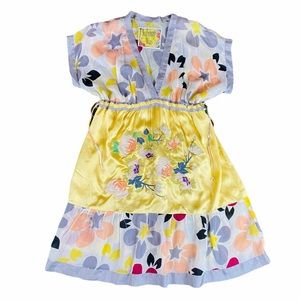 JOHNNY WAS YELLOW FLORAL SILK EMBROIDERED DRESS L